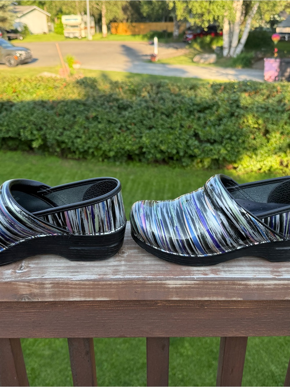 Dansko Iridescent Multi-Striped Clog in Black, Silver, Blue